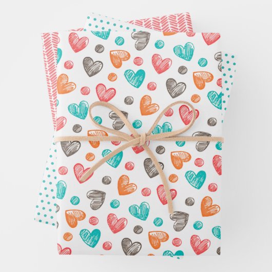 可愛いコーラルレッドピンクアクアブルーハートアートパターン ラッピングペーパーシート (インサイチュ)