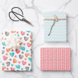 可愛いコーラルレッドピンクアクアブルーハートアートパターン ラッピングペーパーシート