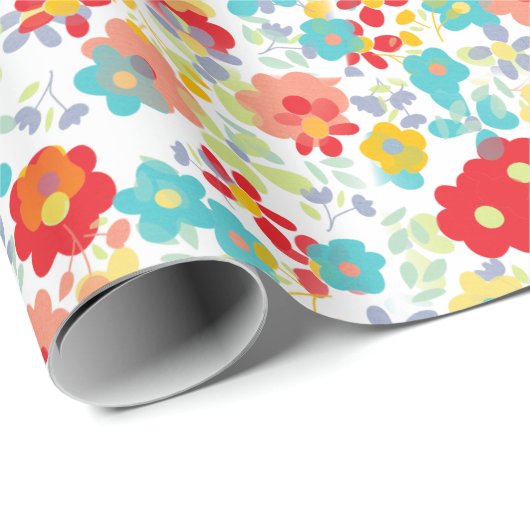 可愛いコーラルレッドピンクアクアブルーフローラアートパターン ラッピングペーパー (ロールコーナー)