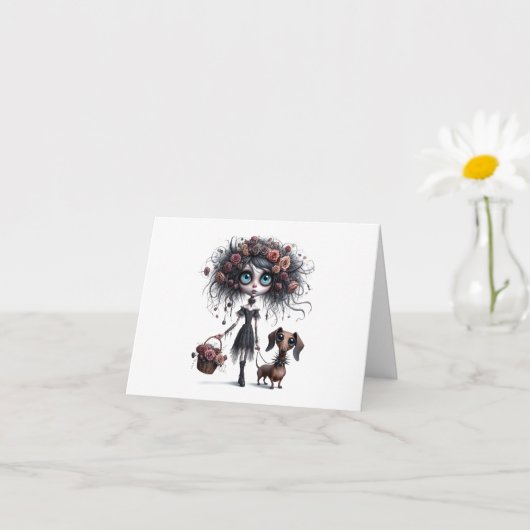 可愛いゴシックフラワーガールとDachshund Greeting Card カード (小さな植物)