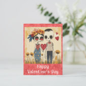 可愛いゴシック体のバレンタインデー骨格カップル ポストカード (スタンド正面)