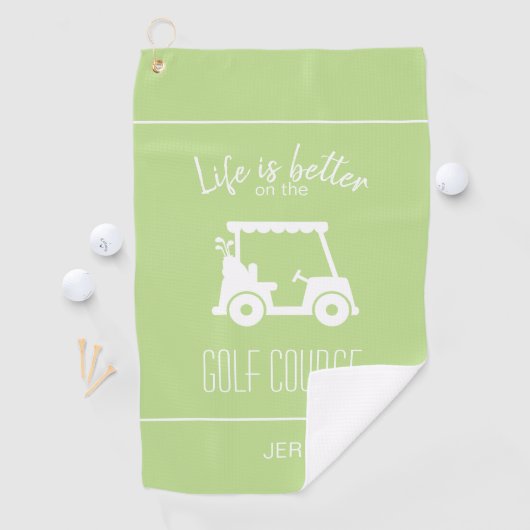 可愛いゴルフカートのゴルファーのゴルフコース引用文グリーン ゴルフタオル (インサイチュ)