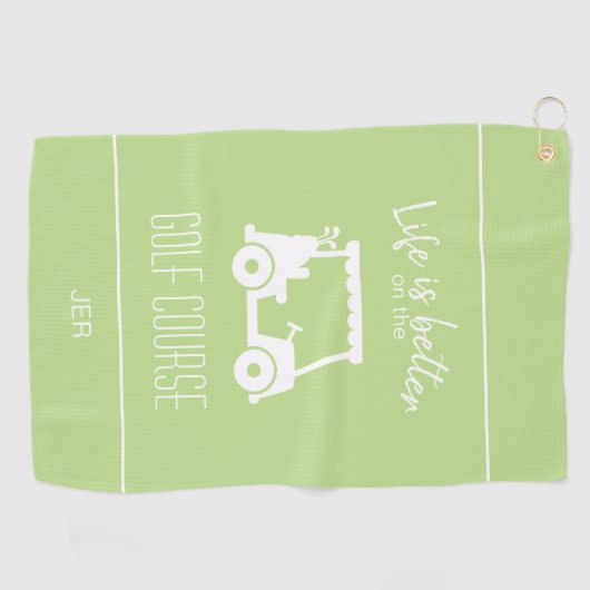 可愛いゴルフカートのゴルファーのゴルフコース引用文グリーン ゴルフタオル (横)