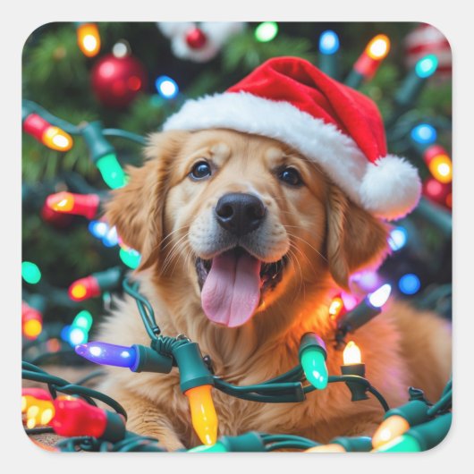 可愛いゴールデンレトリバーのクリスマスデザイン – 子犬 スクエアシール (正面)