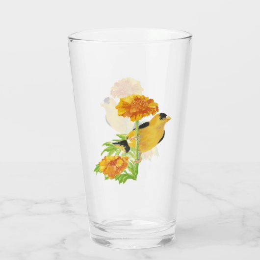 可愛いゴールドフィンチガーデンバードマリゴールド黄色の花 タンブラーグラス (裏面)