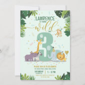 可愛いサファリの動物ヤングワイルドと3誕生日 招待状 (正面)