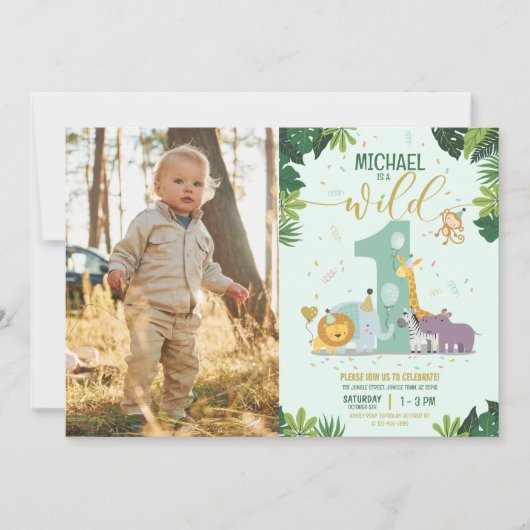 可愛いサファリアニマルワイルドワンフォト誕生日 招待状 (正面)