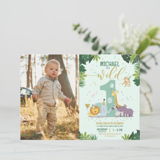 可愛いサファリアニマルワイルドワンフォト誕生日 招待状 (スタンド正面)