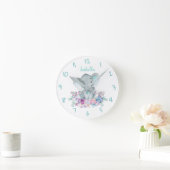 可愛いサファリエレファントフローラ水彩 ラウンド壁時計 (ホーム)