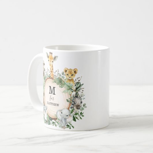 可愛いサファリ動物ジャングルグリーナリーボーイモノグラム コーヒーマグカップ (正面左)