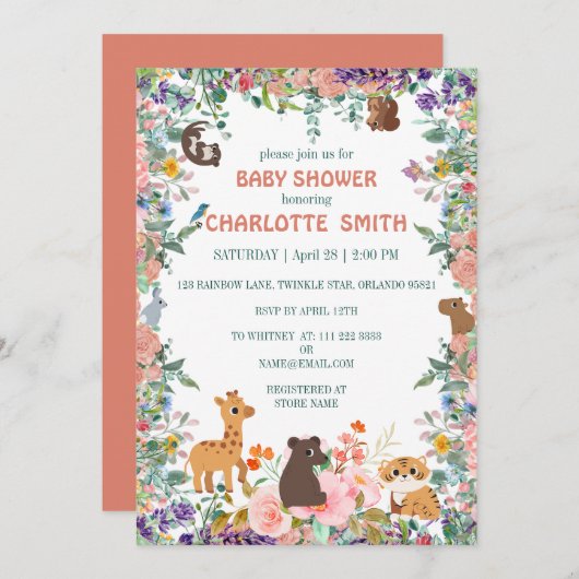 可愛いサファリ動物園の動物ジャングルフローラの赤ちゃんシャワー 招待状 (正面/裏面)