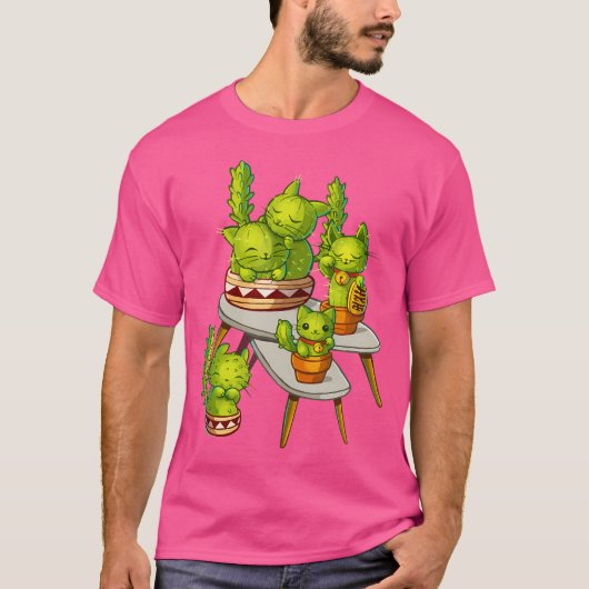 可愛いサボテン+ネコ+ファミリー+植物+フラワー+ガーデニング Tシャツ (正面)
