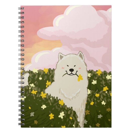 可愛いサモエドの犬と黄色い花畑 (ピンク) ノートブック (正面)