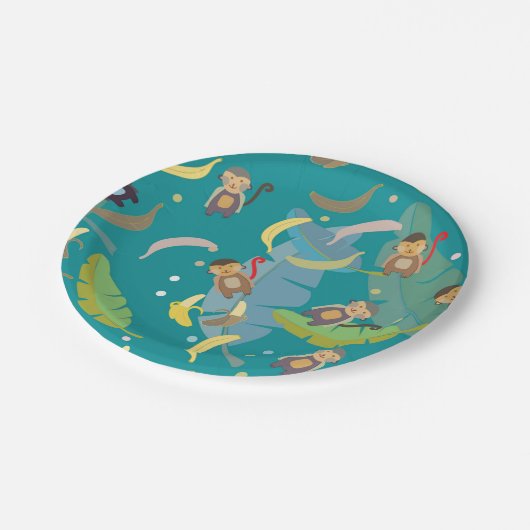 可愛いサルとバナナの木の柄誕生日 ペーパープレート (アングル)