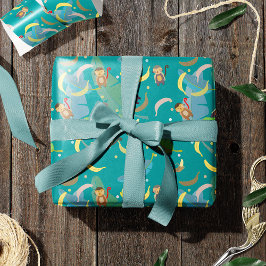 可愛いサルとバナナの木の柄誕生日 ラッピングペーパー