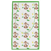 可愛いサルとバナナピールパターングリーン スモールペーパーバッグ (正面)