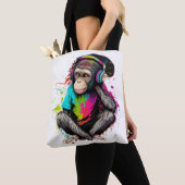 可愛いサル聞の音楽、音楽に夢中なサル トートバッグ (クローズアップ)