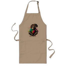 可愛いサル聞の音楽、音楽に夢中なサル ロングエプロン