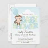 可愛いサル、ブルー&グリーン赤ちゃんシャワー インビテーションポストカード (正面/裏面)