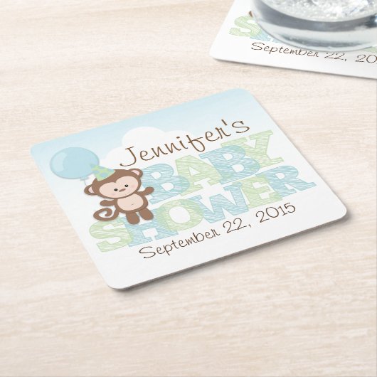可愛いサル、ブルー&グリーン赤ちゃんシャワー スクエアペーパーコースター (アングル)