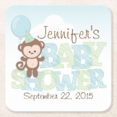 可愛いサル、ブルー&グリーン赤ちゃんシャワー スクエアペーパーコースター (正面)