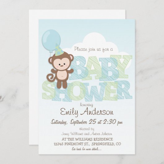 可愛いサル、ブルー&グリーン赤ちゃんシャワー 招待状 (正面/裏面)