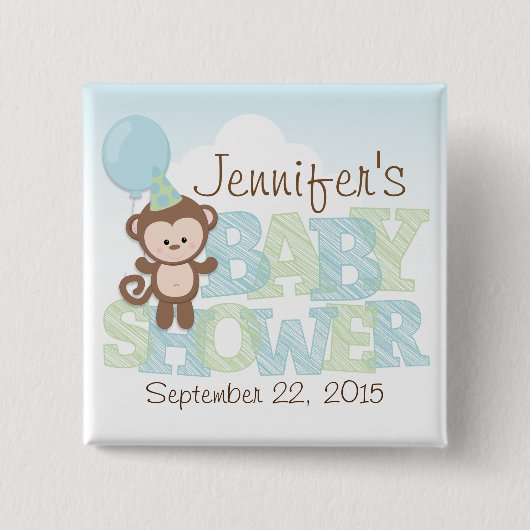 可愛いサル、ブルー&グリーン赤ちゃんシャワー 缶バッジ (正面)