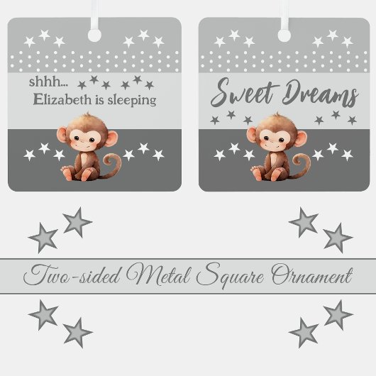 可愛いサルshhh追加の名前が眠っている灰色 メタルオーナメント