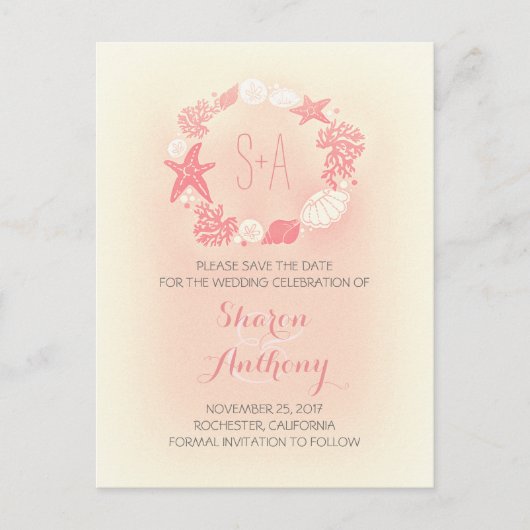 可愛いサンゴのビーチ結婚式日付を保存 案内ポストカード (正面)