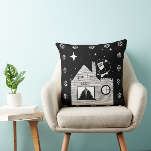 可愛いサンタと屋根の上のサックのモノクロクリスマス クッション (椅子)