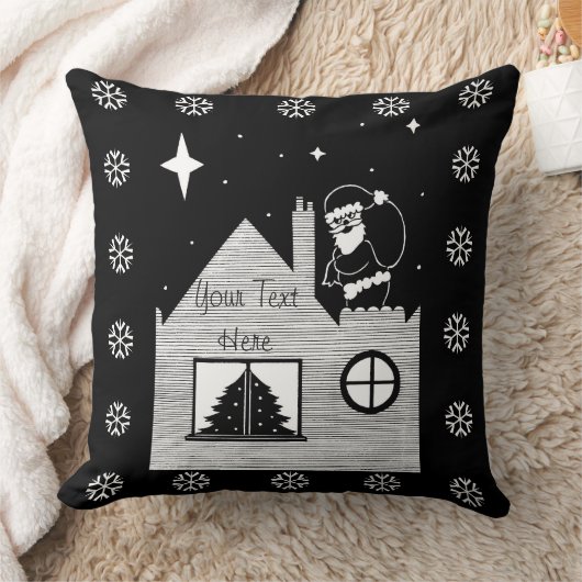 可愛いサンタと屋根の上のサックのモノクロクリスマス クッション (ブランケット)