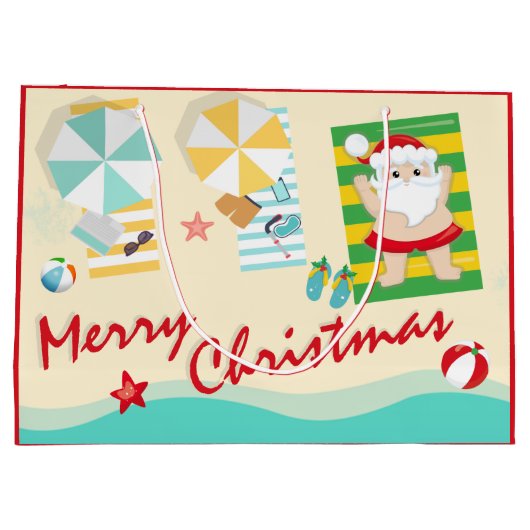 可愛いサンタのビーチメリークリスマス ラージペーパーバッグ (裏面)