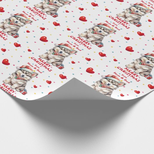可愛いサンタハットハスキー子犬のクリスマス ラッピングペーパー (角)
