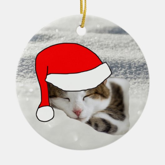 可愛いサンタハット子猫の眠るクリスマスの飾り セラミックオーナメント (正面)
