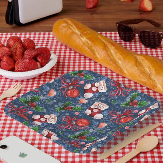 可愛いサンタブーツボール赤いホリーベリークリスマス ペーパープレート (ピクニック)