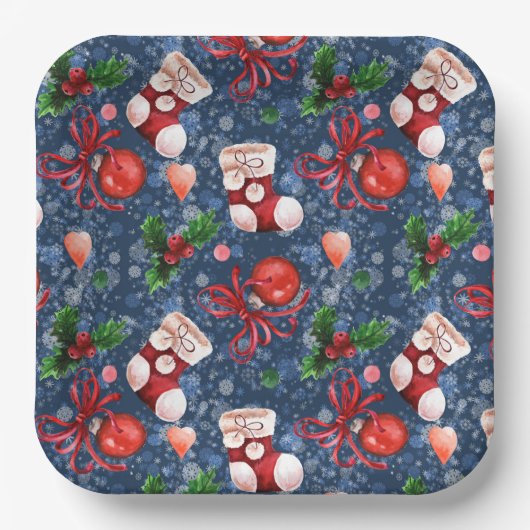 可愛いサンタブーツボール赤いホリーベリークリスマス ペーパープレート (正面)