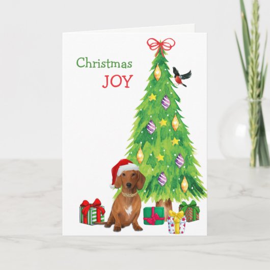 可愛いサンタレッドのダシュント犬とクリスマスツリー シーズンカード (正面)