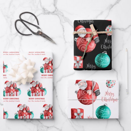 可愛いサンタ漫画のパターン名メリークリスマス ラッピングペーパーシート (正面)