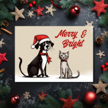 可愛いサンタ犬と猫と明るいメリークリスマス