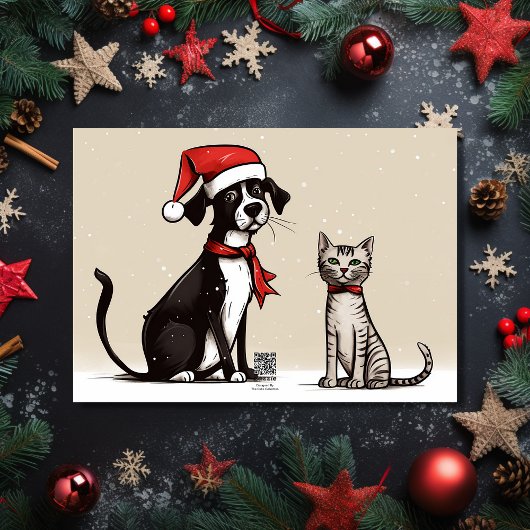 可愛いサンタ犬と猫と明るいメリークリスマス シーズンカード