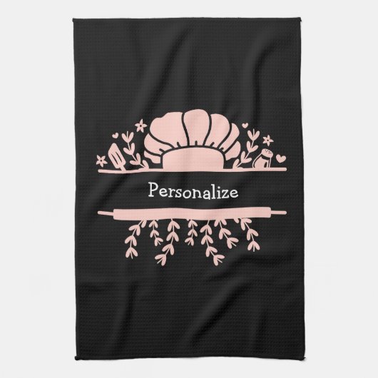 可愛いシェフハッ転がツピンベイカーピンクブラック キッチンタオル (縦)