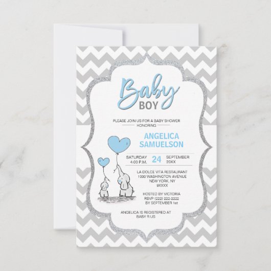 可愛いシェブロンブルーグレーエレファントベイビーシャワーボーイ 招待状 (正面)