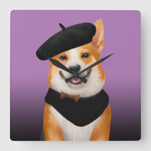 可愛いシックなコルギドッグベレー&バンダナを着て スクエア壁時計 (正面)