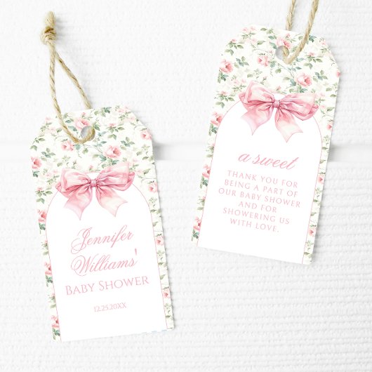 可愛いシックなピンクの弓のベビーガールの女の子シャワー感謝していユー ギフトタグ