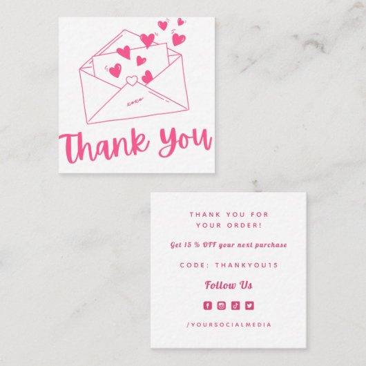 可愛いシックなラブレターピンクハートありがとうガーリー スクエア名刺 (正面/裏面)