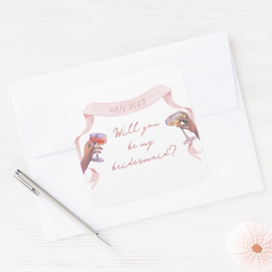 可愛いシックカスタムな花嫁プロポーズピンクリボン スクエアシール (封筒)