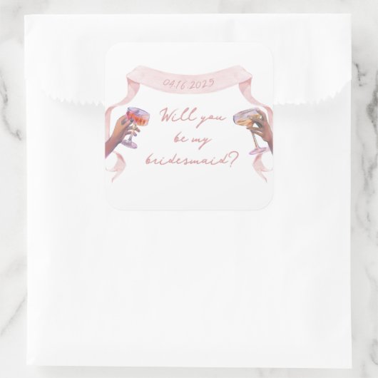 可愛いシックカスタムな花嫁プロポーズピンクリボン スクエアシール (バッグ)