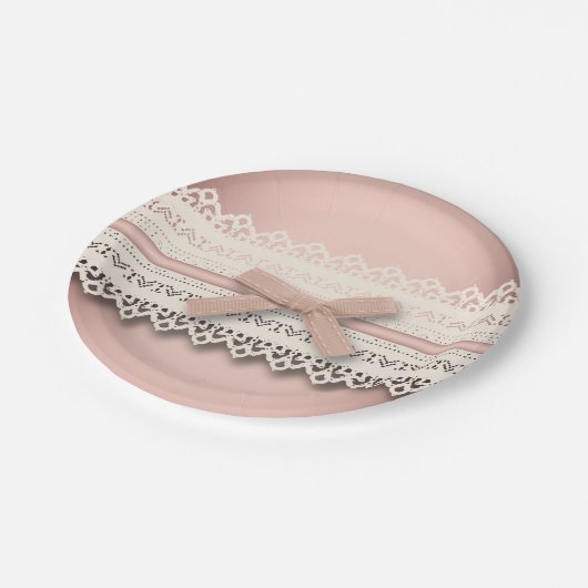 可愛いシックガーリーなホワイトレースの埃っぽいバラピンクの弓 ペーパープレート (アングル)