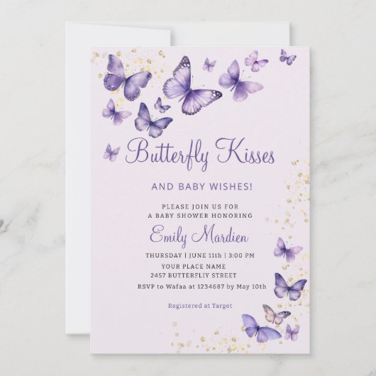 可愛いシック紫色の蝶キス女の子ベビーシャワー 招待状 (正面)
