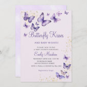 可愛いシック紫色の蝶キス女の子ベビーシャワー 招待状 (正面/裏面)